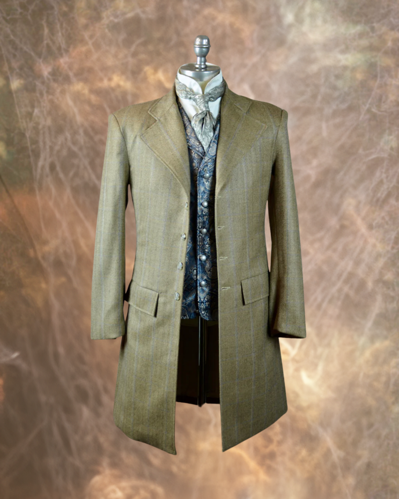 Men's Frock Coat - Dark Tan Herringbone with Blue Accent #564