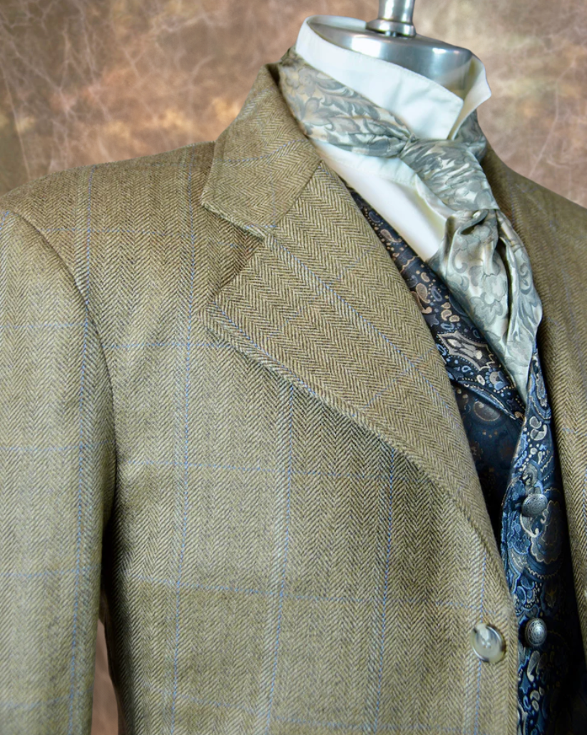 Men's Frock Coat - Dark Tan Herringbone with Blue Accent #564