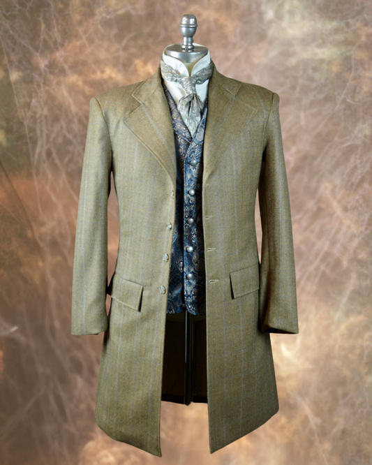 Men's Frock Coat - Dark Tan Herringbone with Blue Accent #564