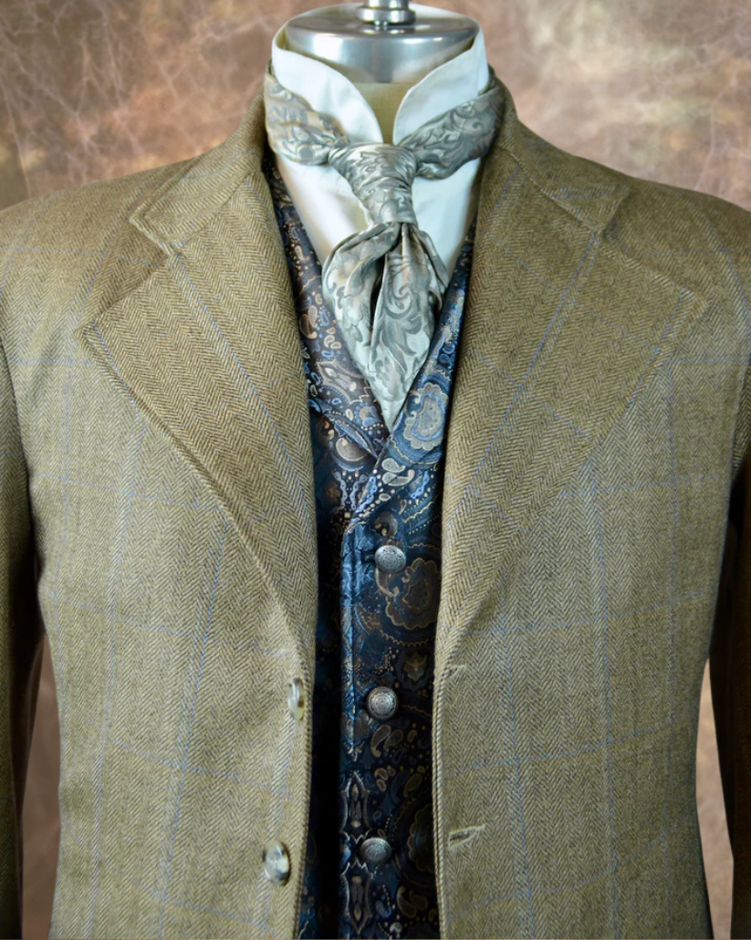 Men's Frock Coat - Dark Tan Herringbone with Blue Accent #564