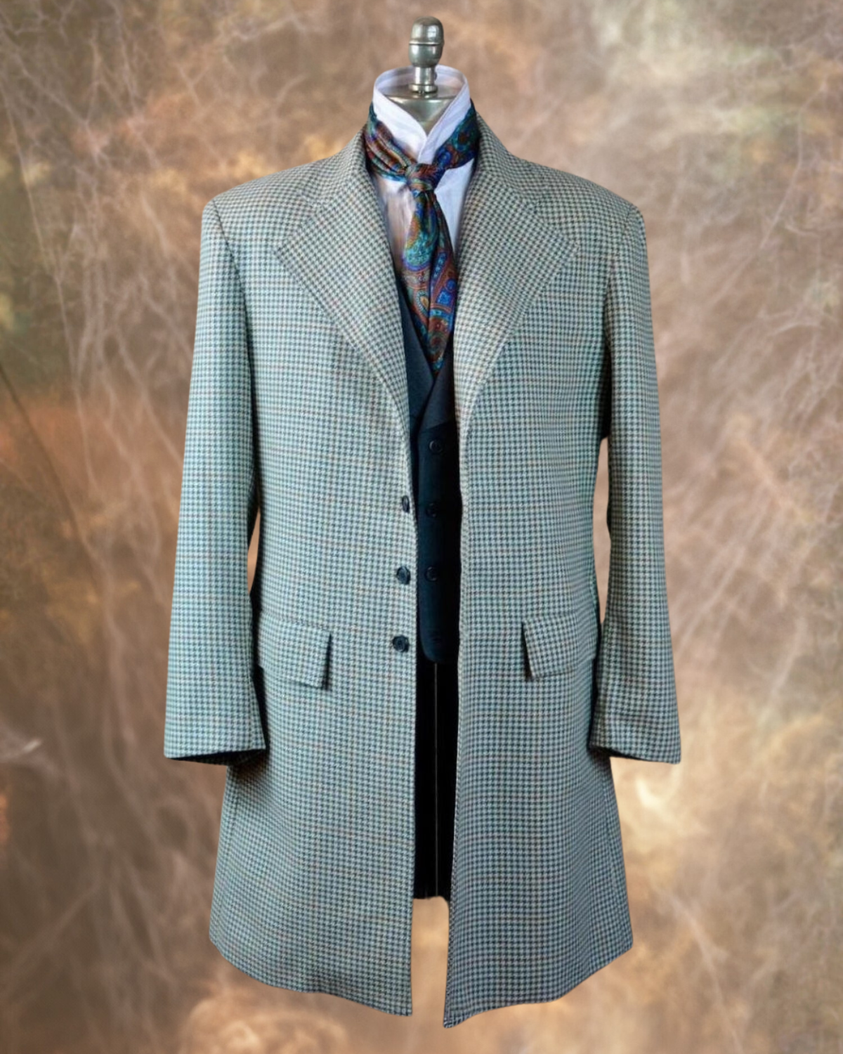 Men's Frock Coat - Grey and White Houndstooth with Rust Windowpane 7892