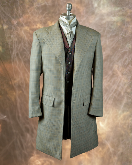 Men's Frock Coat - Tan Houndstooth with Copper and Blue Windowpane #669