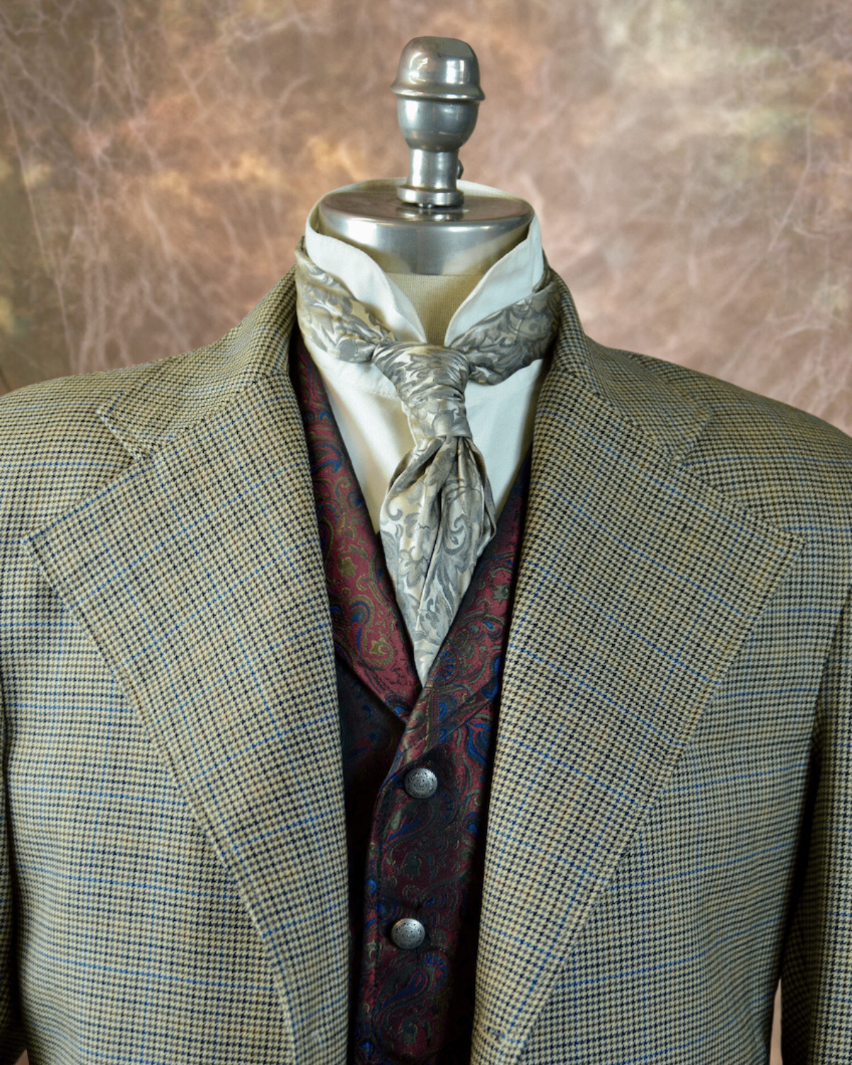 Men's Frock Coat - Tan Houndstooth with Copper and Blue Windowpane #669