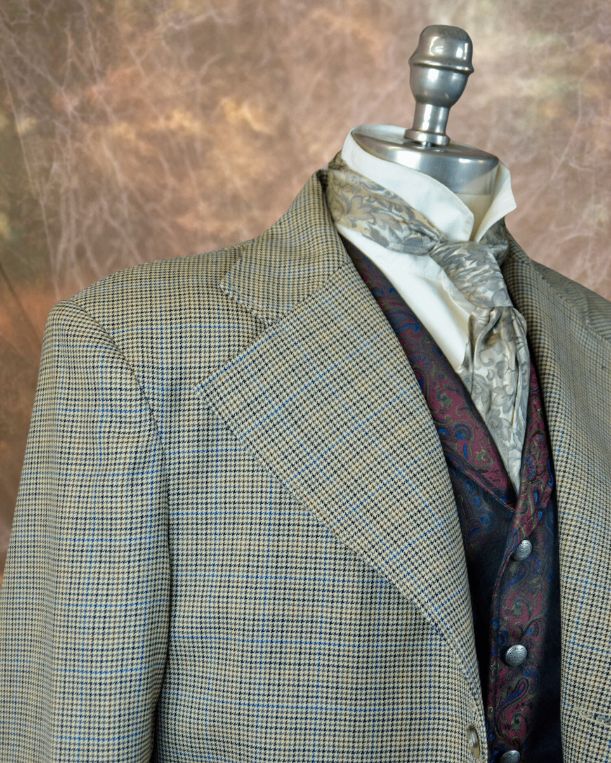 Men's Frock Coat - Tan Houndstooth with Copper and Blue Windowpane #669