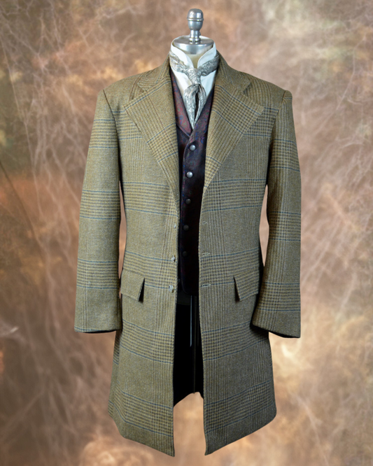 Men's Frock Coat - Tan and Brown Glen Plaid with Green Windowpane f95