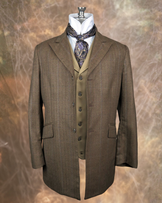 Men's Town Coat - Dark Tan Herringbone with Blue Accent #564