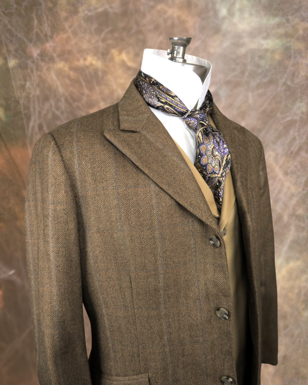 Men's Town Coat - Dark Tan Herringbone with Blue Accent #564