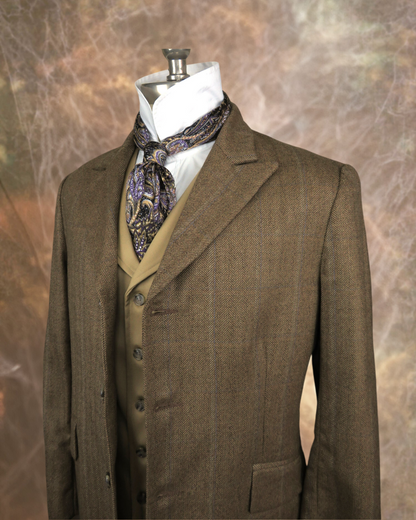 Men's Town Coat - Dark Tan Herringbone with Blue Accent #564