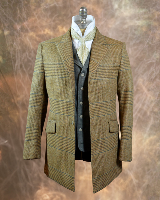 Men's Town Coat - Tan and Brown Glen Plaid with Green Windowpane f95