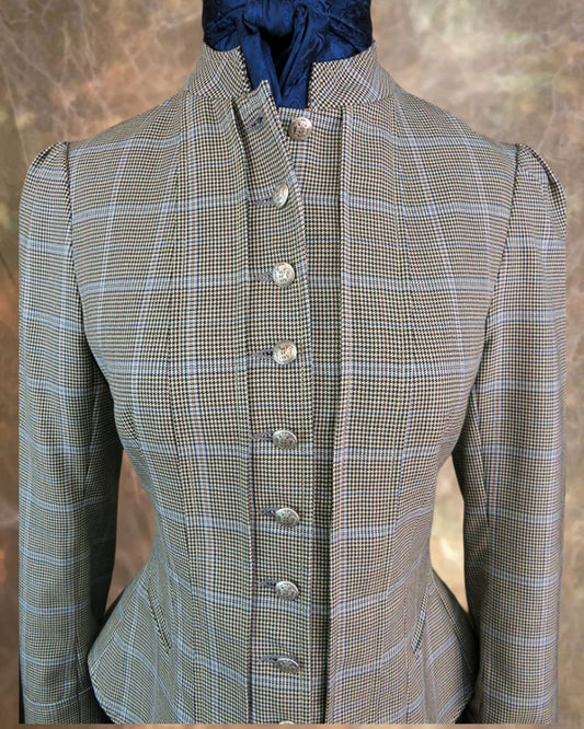 Women's Victoriana Jacket - Black and White Mini Houndstooth with Baby Blue Windowpane #699