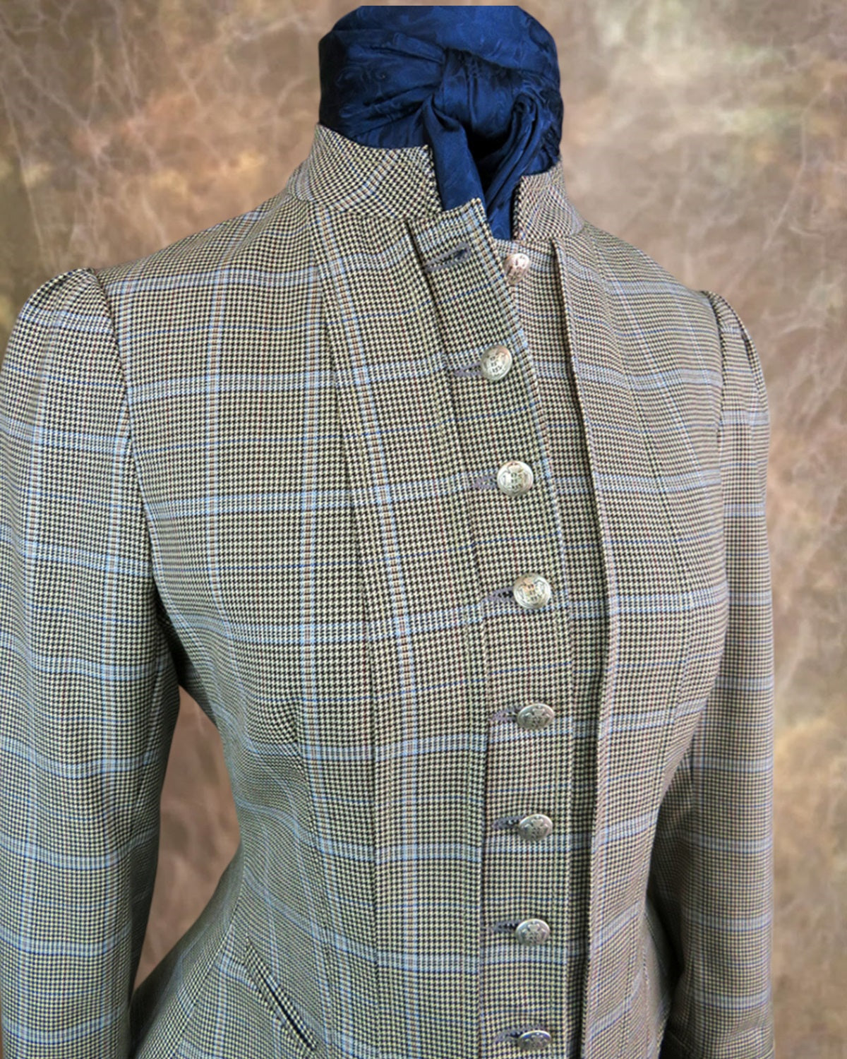 Women's Victoriana Jacket - Black and White Mini Houndstooth with Baby Blue Windowpane #699