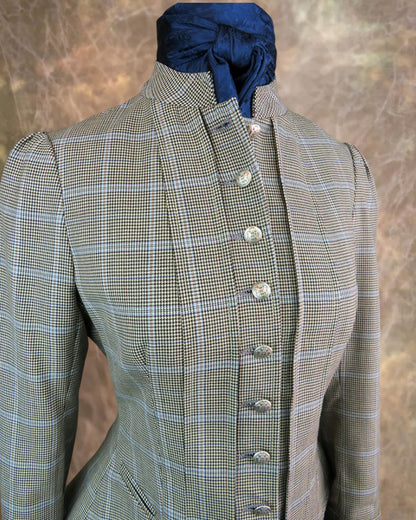 Women's Victoriana Jacket - Black and White Mini Houndstooth with Baby Blue Windowpane #699