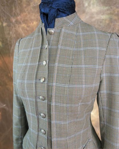 Women's Victoriana Jacket - Black and White Mini Houndstooth with Baby Blue Windowpane #699