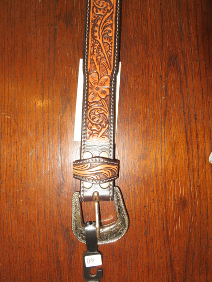 Challenger Leather Belt with Tooled Flowers and Leaves