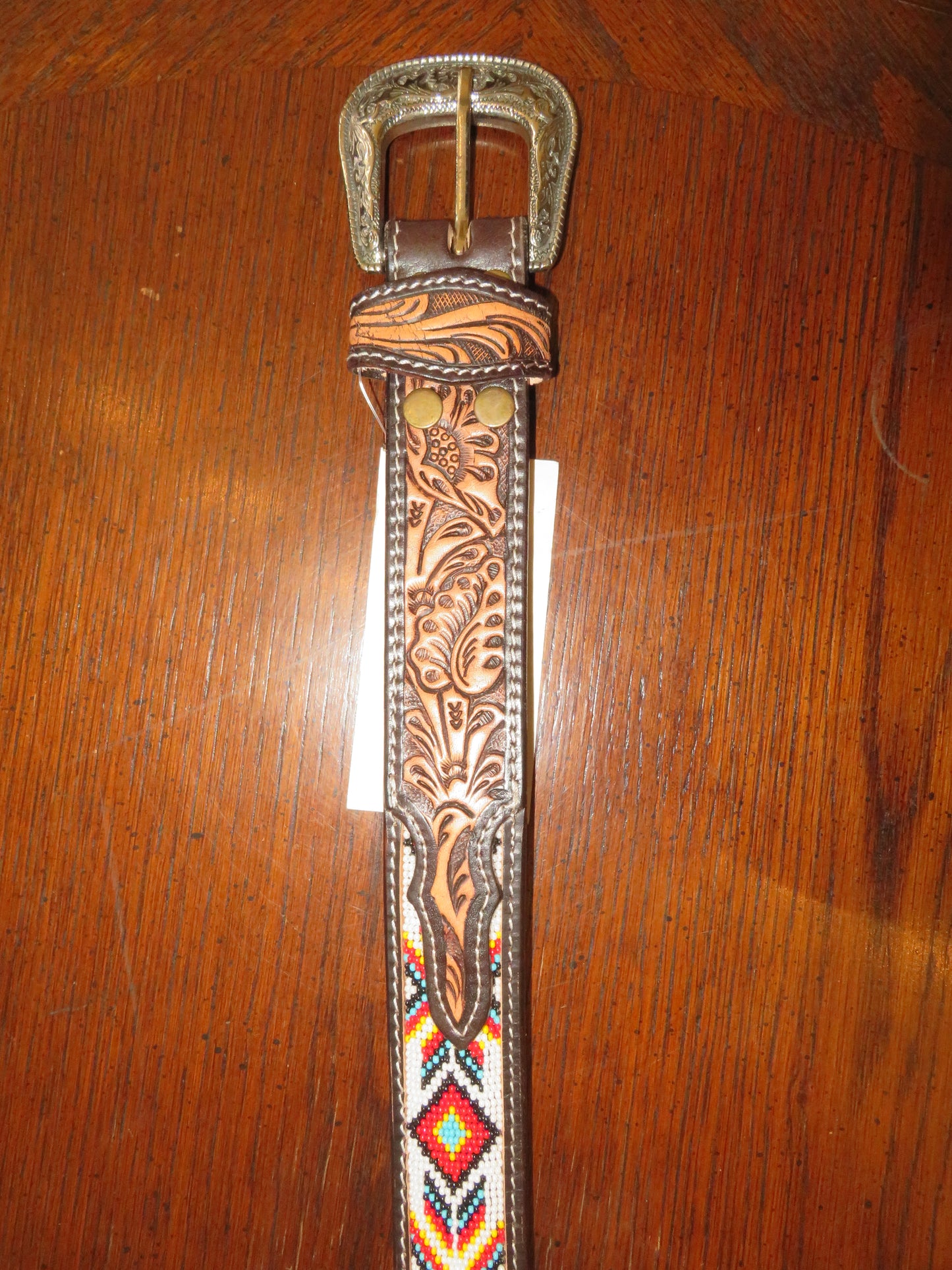 Challenger Leather Belt with intricate tooled leather and bead work