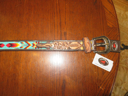 Challenger Leather Belt with Turquoise and Fiery style bead work